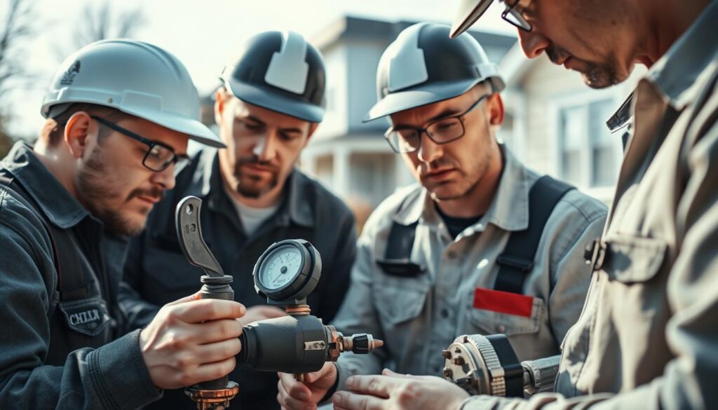 A close-up view of a team of expert plumbers examining a water meter and pipes, showcasing their specialized water leak detection tools and equipment. The scene is set against a blurred background of a residential neighborhood, conveying a sense of professionalism and expertise in resolving water leakage issues. Soft, directional lighting highlights the details of the plumbers' work, creating a clean and technical atmosphere. The composition emphasizes the hands-on nature of the task, with the plumbers' focused expressions and the various diagnostic tools they utilize. An overall sense of precision and problem-solving permeates the image, reflecting the specialized services offered in water leak detection.