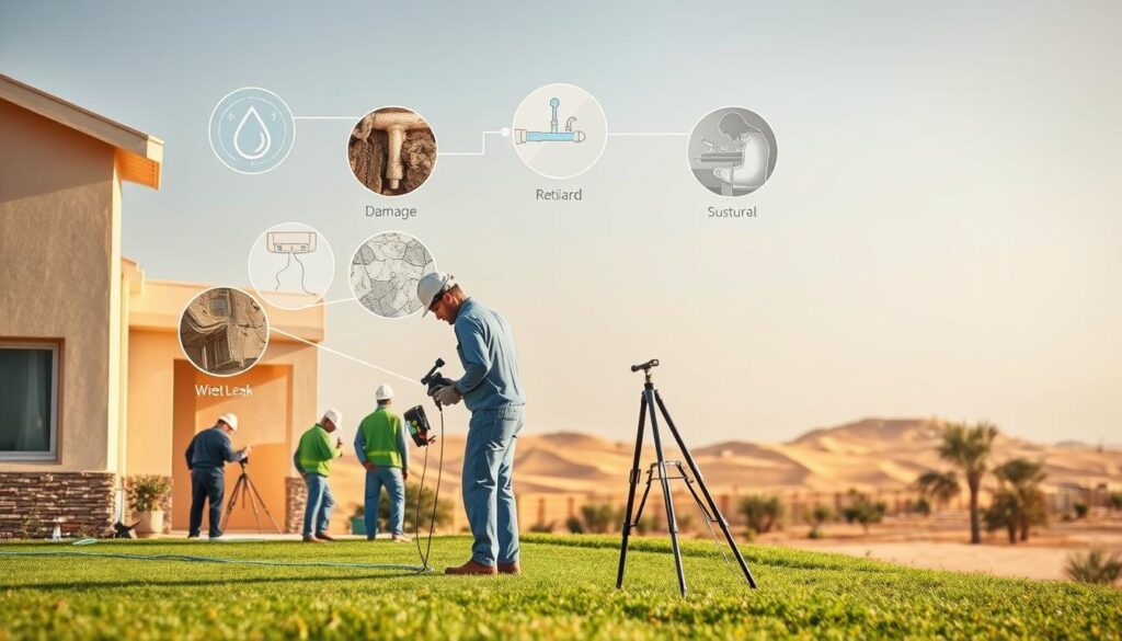 A vibrant scene showcasing the benefits of professional water leak detection services in Riyadh, Saudi Arabia. In the foreground, a team of technicians meticulously inspecting a residential property, utilizing advanced equipment to precisely locate and assess the source of a water leak. The middle ground depicts various visual cues highlighting the potential consequences of undetected leaks, such as water damage, mold growth, and structural deterioration. In the background, a serene desert landscape provides a calming contrast, emphasizing the importance of proactive leak detection in this arid region. The lighting is warm and natural, casting a soft glow over the scene, conveying a sense of reliability and expertise associated with the specialized services. The overall composition aims to educate and reassure viewers about the invaluable benefits of employing professional water leak detection experts in Riyadh.
